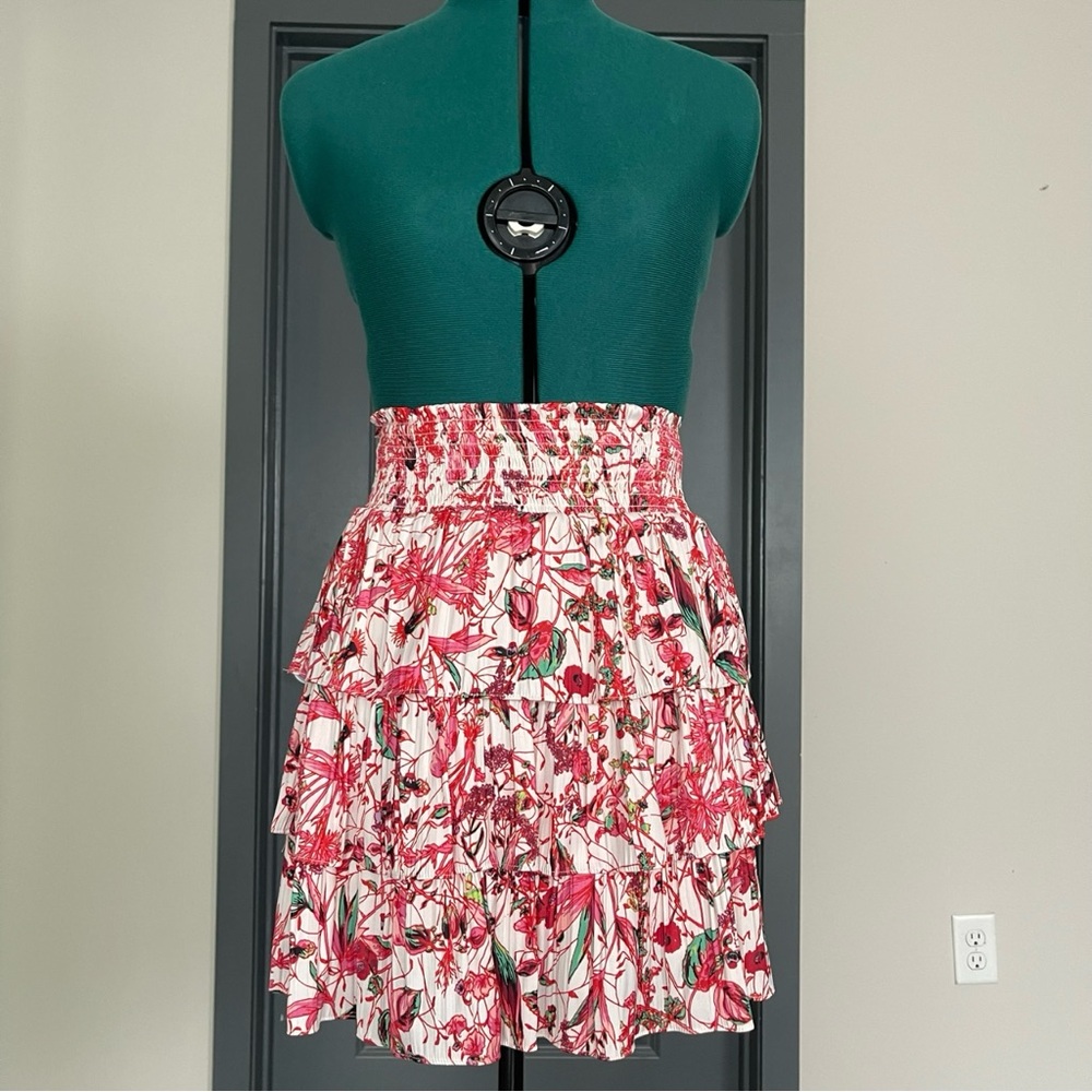 Anthropologie Women’s Medium Floral Tiered Smocked Waist Mini Skirt Pink Ivory